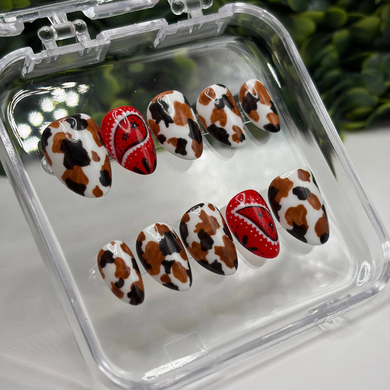 Pinterest Cowgirl Press-On Nails | Western Cow Print & Red Bandana Gel Nails | Handmade Gel-X Tips