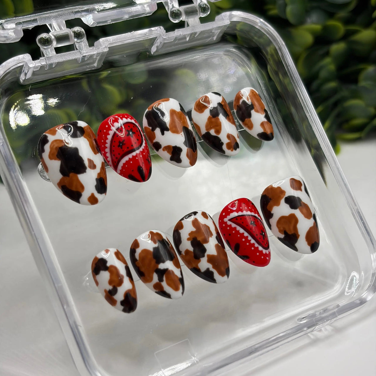 Pinterest Cowgirl Press-On Nails | Western Cow Print & Red Bandana Gel Nails | Handmade Gel-X Tips