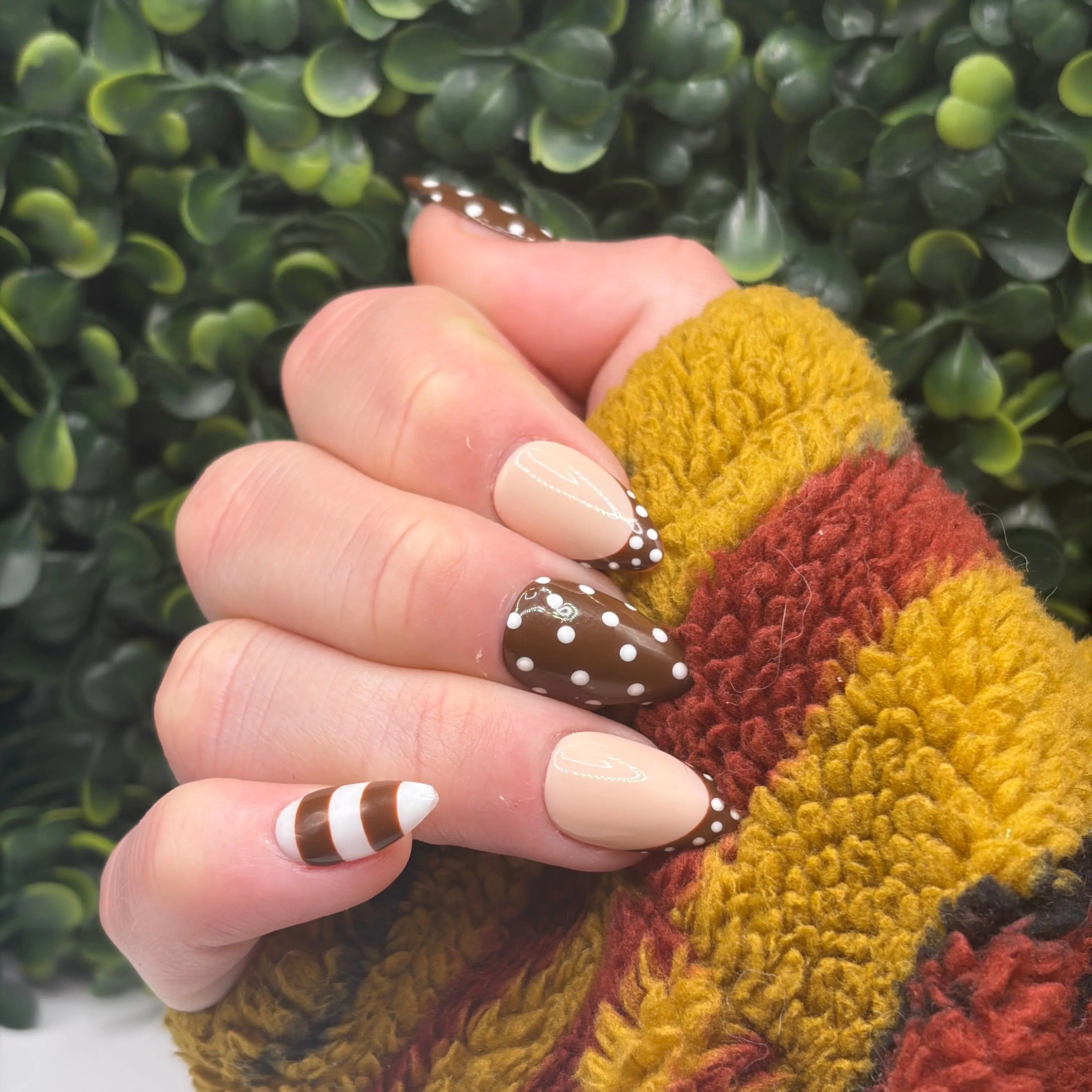 Dotty Girl | Brown Polka Dot & French Tip Press-On Nail Set | Handmade Gel-X Tips