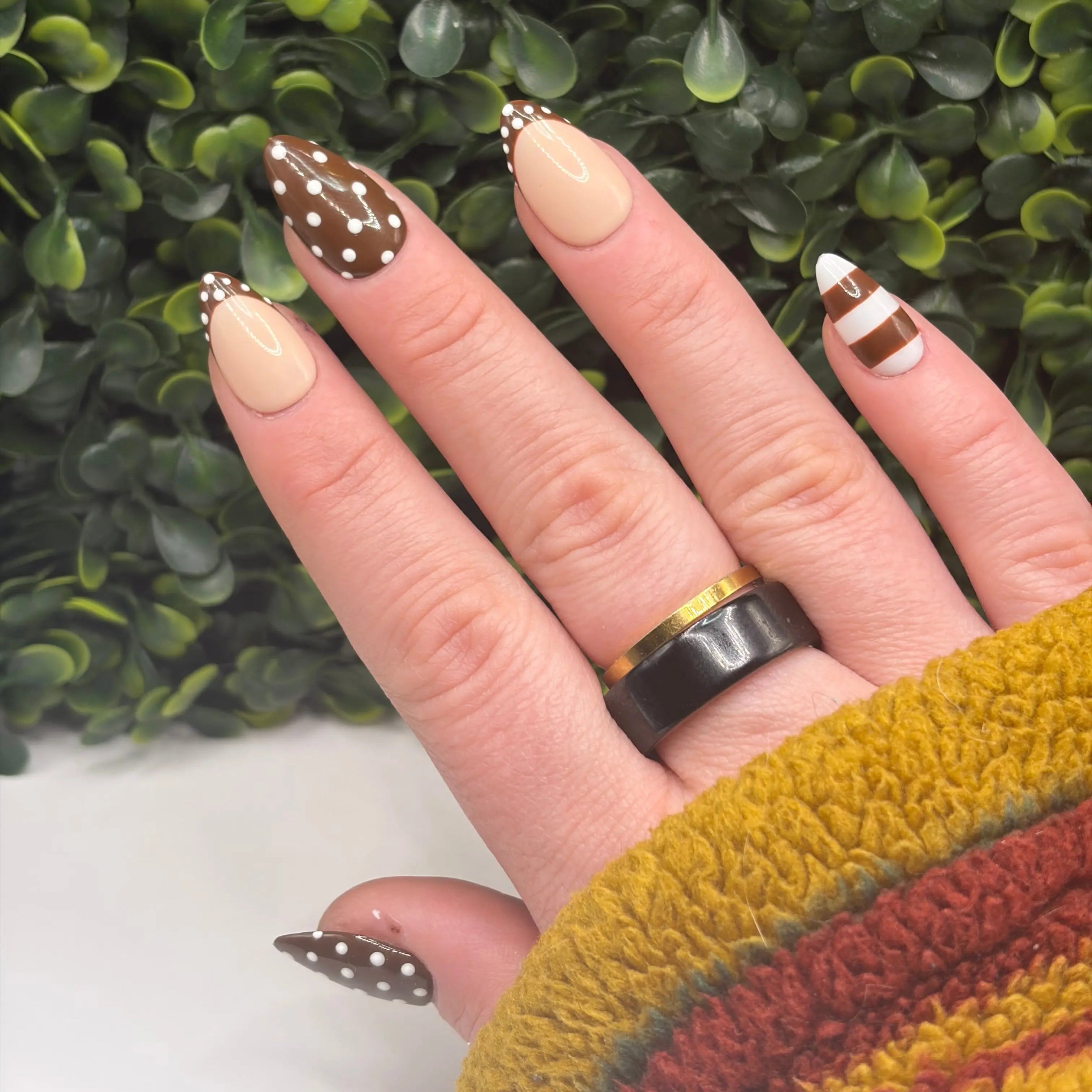 Dotty Girl | Brown Polka Dot & French Tip Press-On Nail Set | Handmade Gel-X Tips