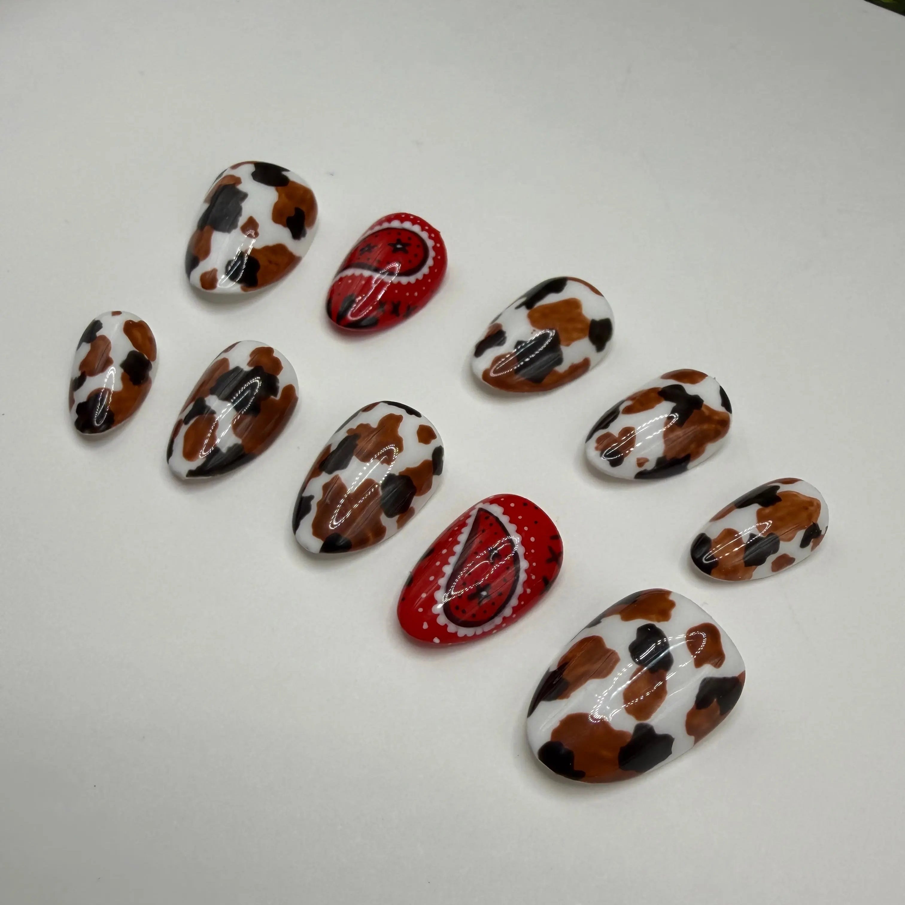 Pinterest Cowgirl Press-On Nails | Western Cow Print & Red Bandana Gel Nails | Handmade Gel-X Tips