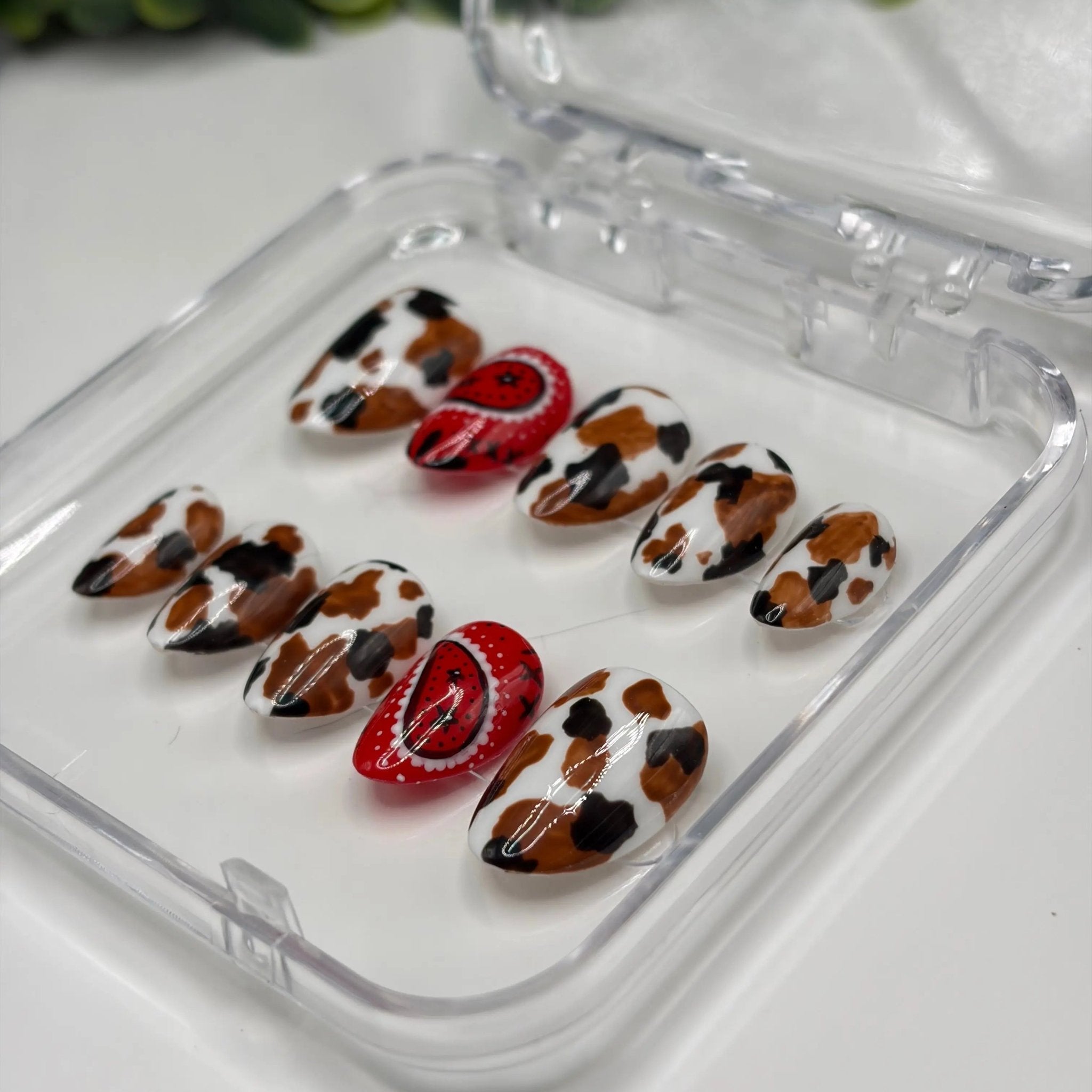 Pinterest Cowgirl Press-On Nails | Western Cow Print & Red Bandana Gel Nails | Handmade Gel-X Tips - E. Jo Nails